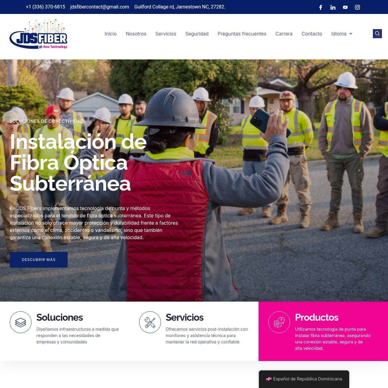 JDS Fibers — Portal bilingüe para empresa de fibra óptica subterránea con 25+ años en EE.UU.